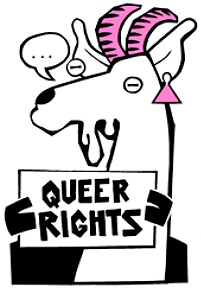 A goat holds a sign that says Queer Rights.