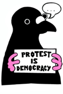 A pigeon holds a sign that says Protest is Democracy.